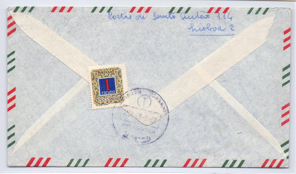 1278 v.jpg -     Lote:    1278 (verso)            Moçambique       Descrição:         1952 &mdash; Emissão regular. Novo tipo. Sobrescrito circulado de Lisboa (18.04.63) para a Posta Restante de Lourenço Marques (22.04.63) com selo tipo Cavaleiro Medieval de 2$50 CE773. Pagou o serviço da Posta Restante com selo de 1$00 CE POR54. B e R,        Carta       Valor Base:     &euro; 25,00     Valor Venda:     Retirado     